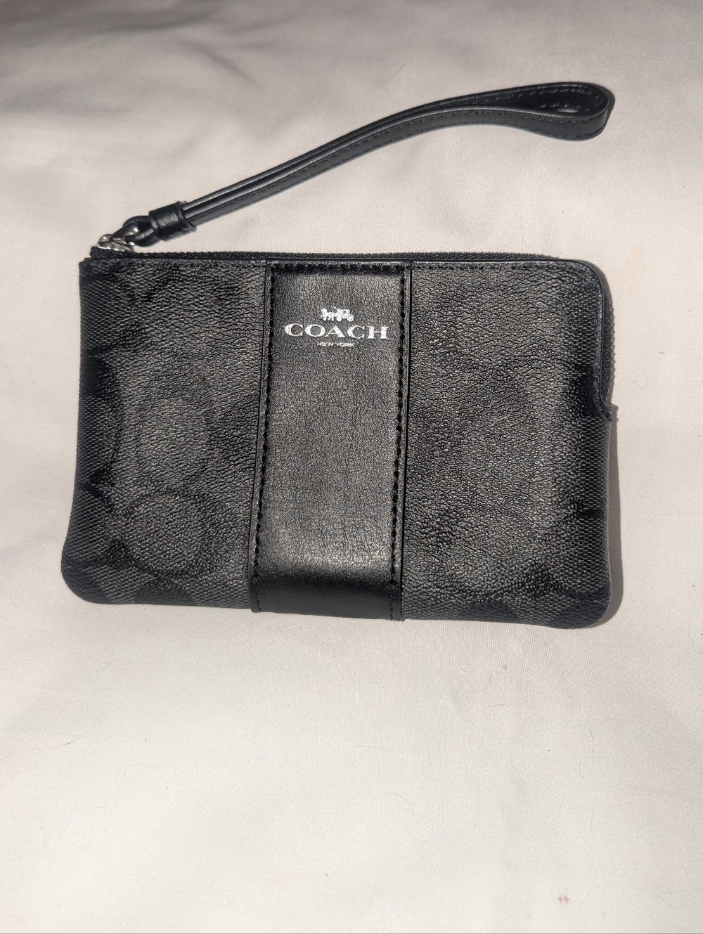 Coach Charcoal Signature Logo Wristlet with Leather Trim.58035